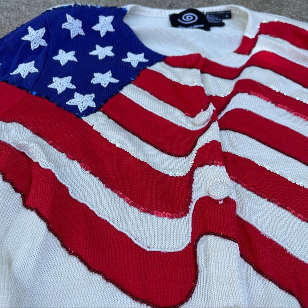 Michael Simon Cardigan American Flag Beaded Sequin Silk Sweater Size Medium VTG - Picture 3 of 8